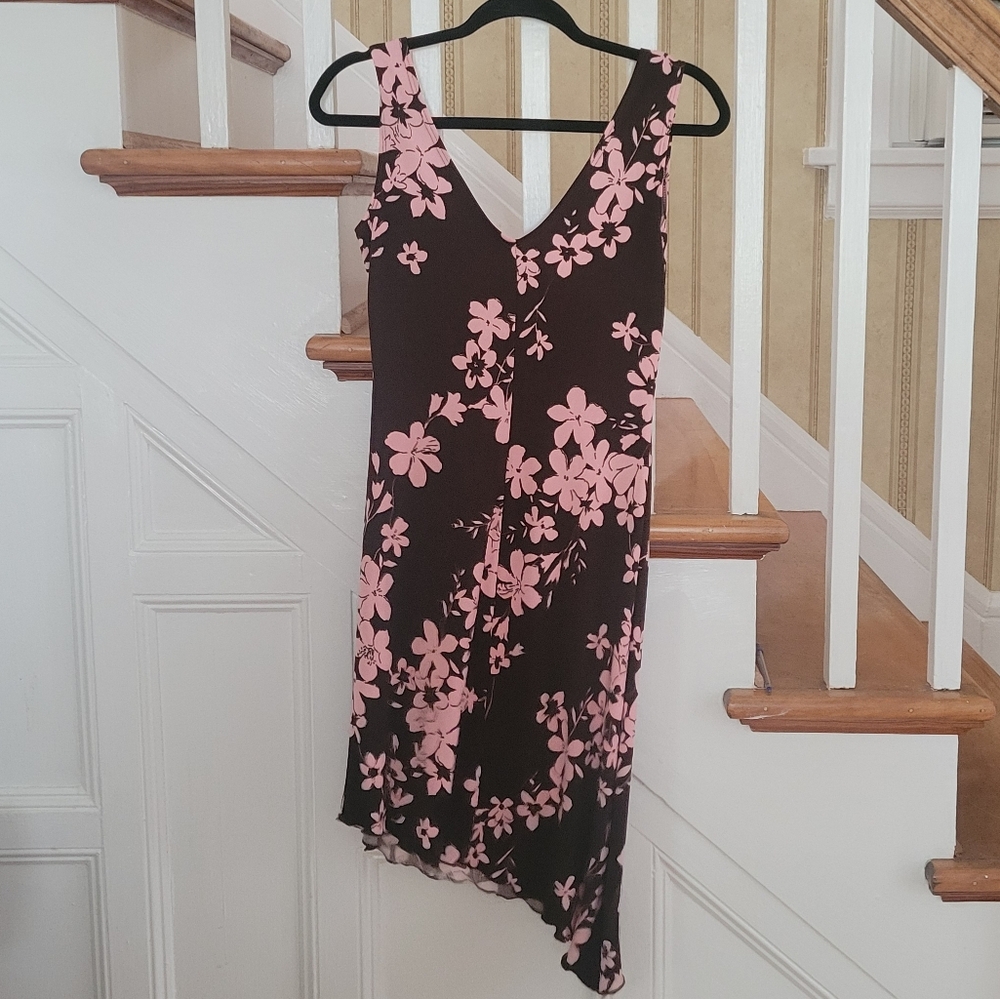 TABOO Floral Brown Pink Dress Asymmetrical Hem Size Medium - Picture 2 of 5